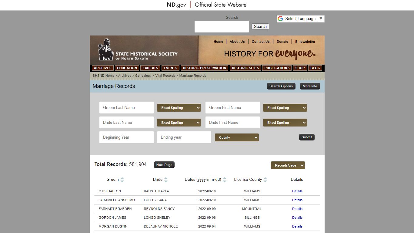 Marriage Records - State Archives - North Dakota